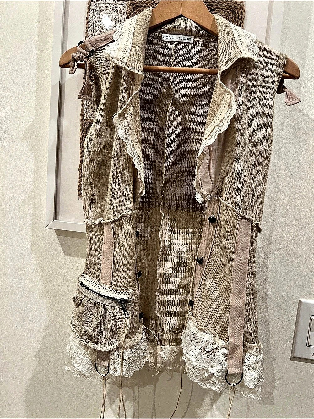 None Lace Trim Fringe Knit Vest NWT in Beige
